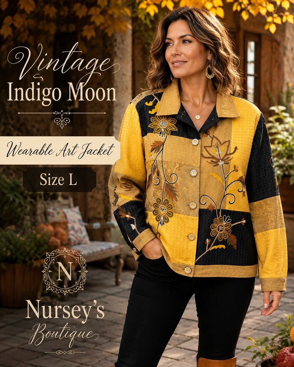 Vintage Indigo Moon Jacket Womens L Embroidered Patchwork Boho Art to Wear